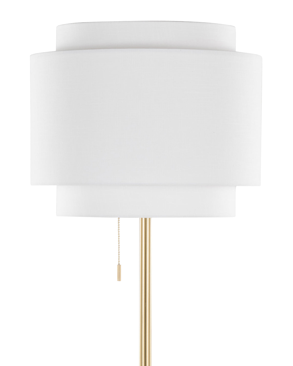 A modern table lamp with a matte white cylindrical drum shade and a slim gold-finished metal stem, featuring a pull chain switch.