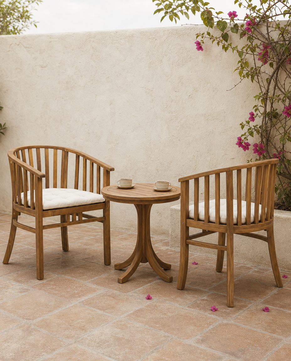A three-piece outdoor patio furniture set featuring two wooden armchairs with cream cushions and a small round wooden table, arranged on a terracotta tiled patio against a textured beige stucco wall with climbing pink flowers.