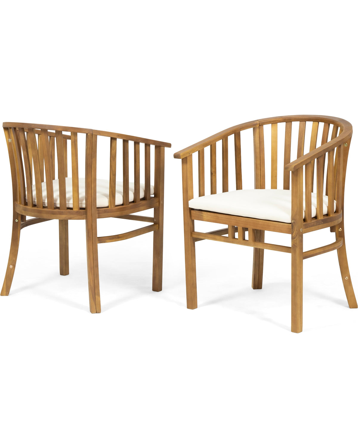 Two wooden chairs with white cushions on a white background