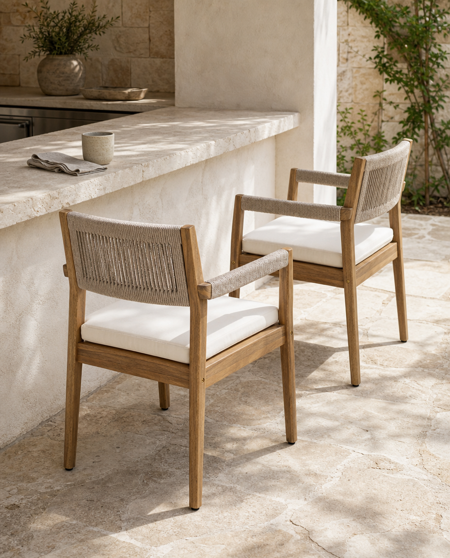 Two wooden outdoor bar stools with woven rope backs and white seat cushions, placed beside a stone patio bar counter in a sunlit patio setting.