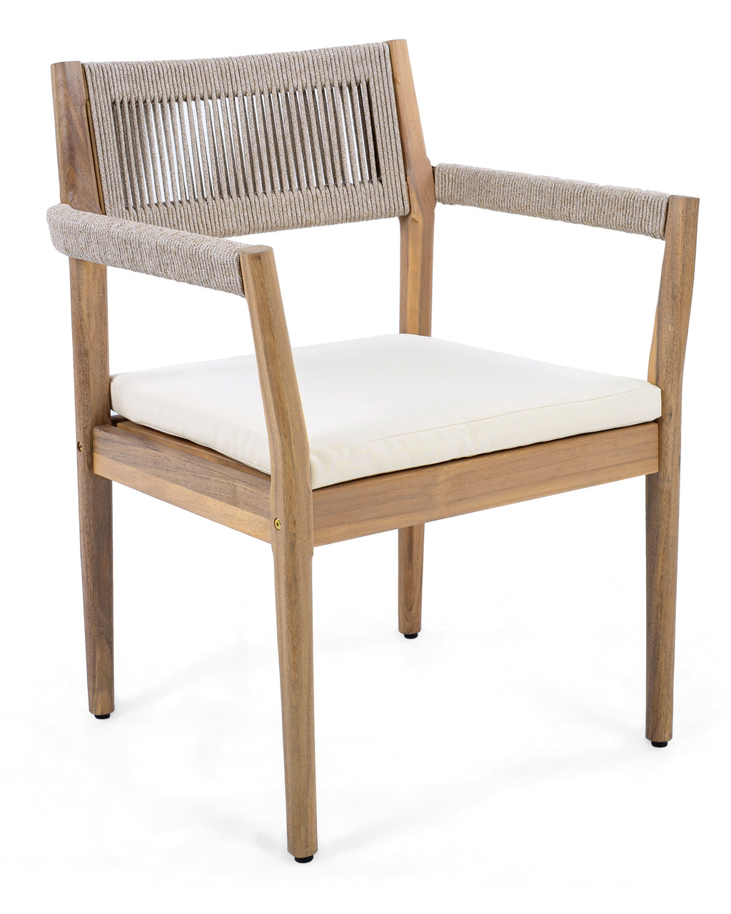 A modern outdoor armchair with a natural teak wood frame, woven rope backrest and armrests, and a cream-colored seat cushion, shown on a white background.