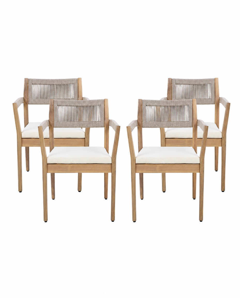 Four outdoor dining armchairs with light natural wood frames, woven rope backs, and off-white seat cushions, arranged on a white background.