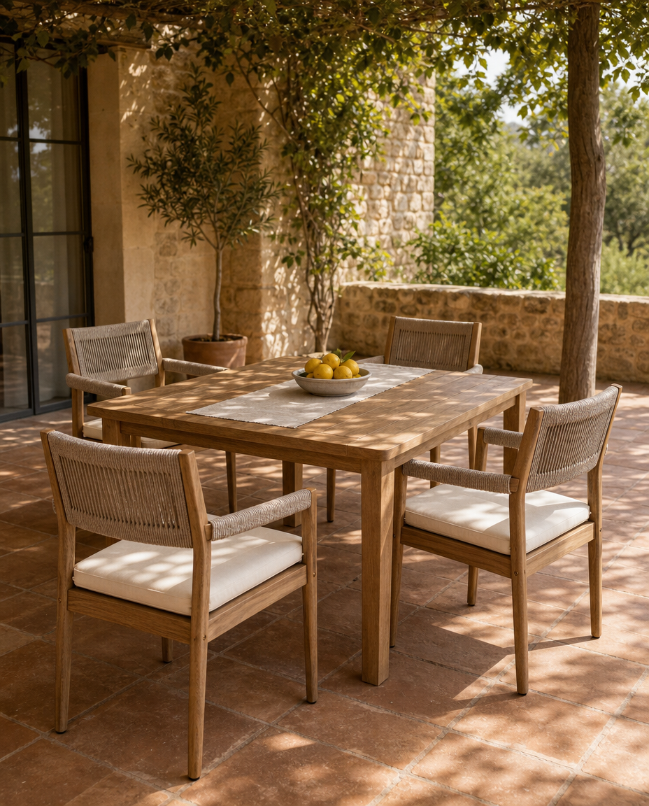 A wooden outdoor dining table with four woven-back chairs and cream cushions, set on a terracotta patio under a pergola with stone walls and greenery.