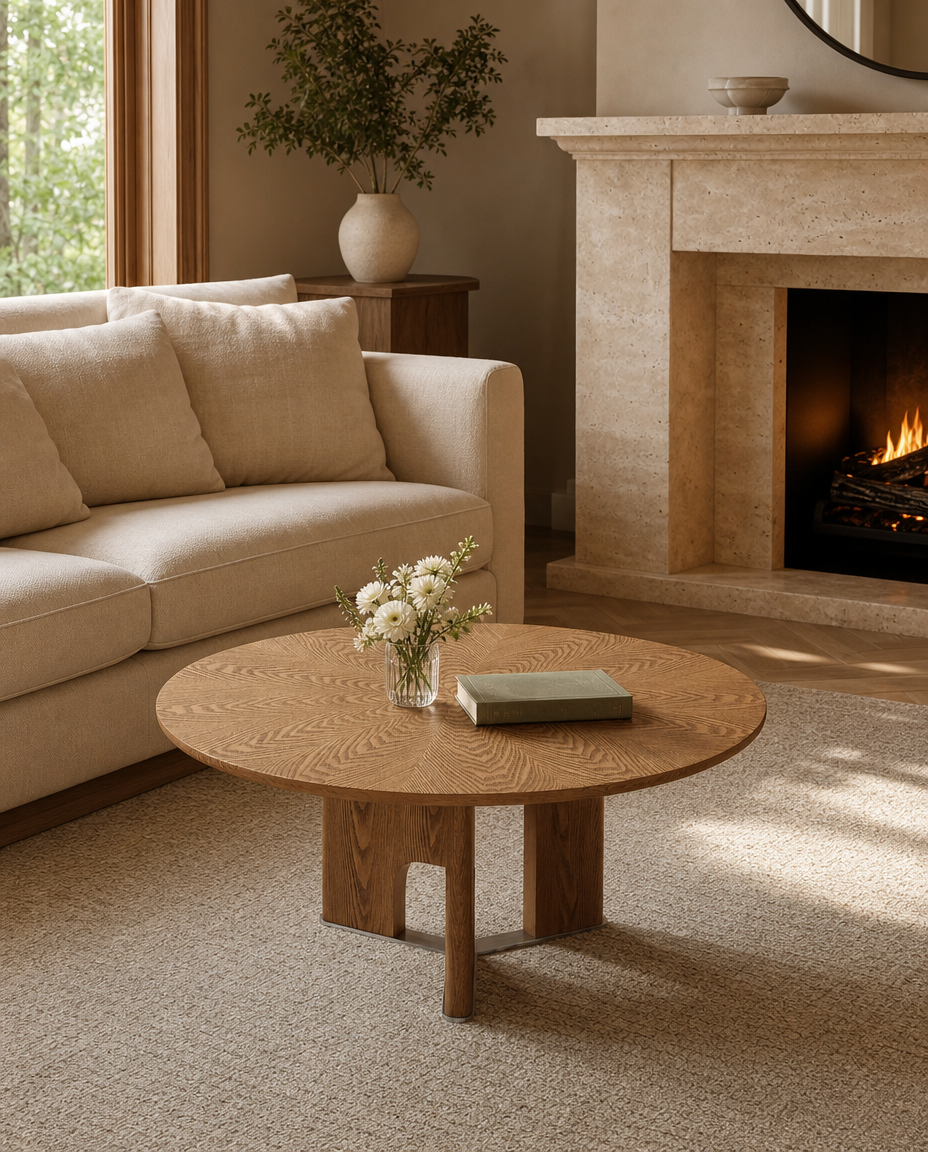 A round wooden coffee table with a carved oak top and block-style legs in a warm, modern living room next to a beige sofa and a stone fireplace.