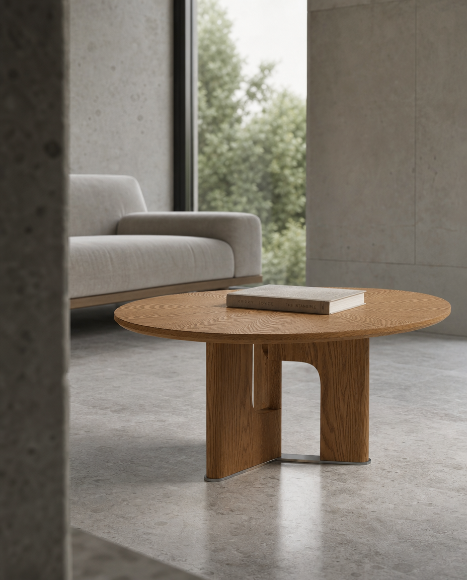 A round wooden coffee table with a natural oak finish stands in a minimalist modern living room with concrete walls and a light gray sofa in the background.
