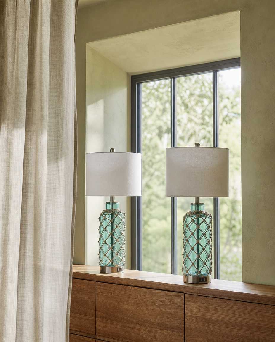 Two matching table lamps with white drum shades and textured turquoise glass bases sit on a wooden console table in front of a window with a beige curtain.