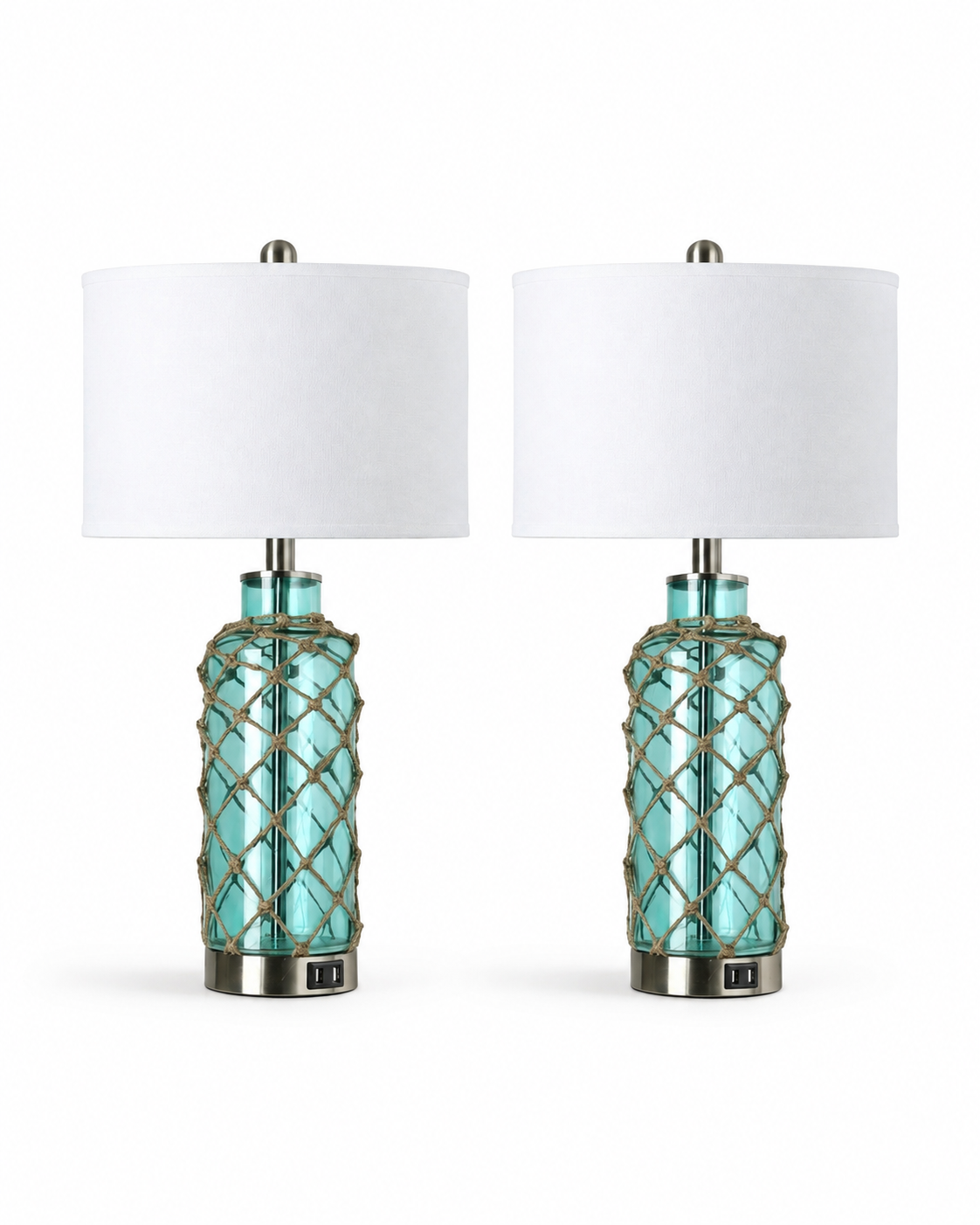 A pair of table lamps with white drum shades and turquoise glass bases wrapped in a beige rope lattice pattern, set against a plain white background.
