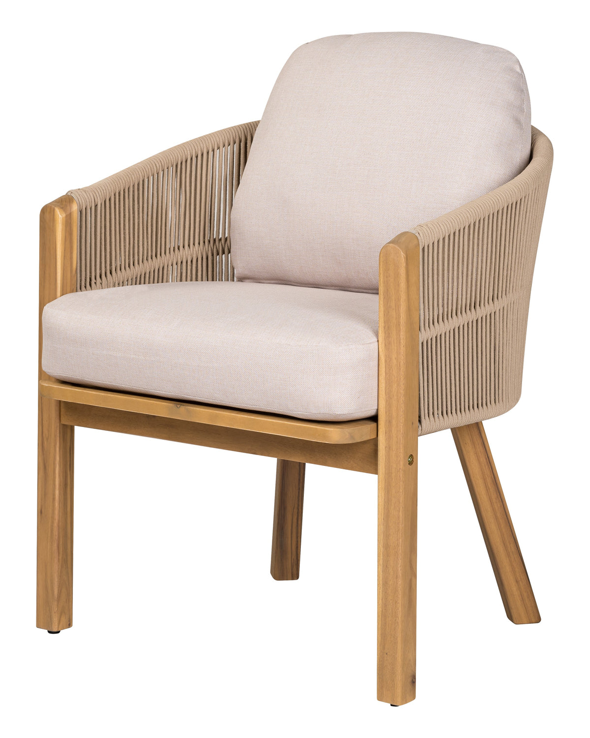 Chair with beige cushion and wooden frame on a white background