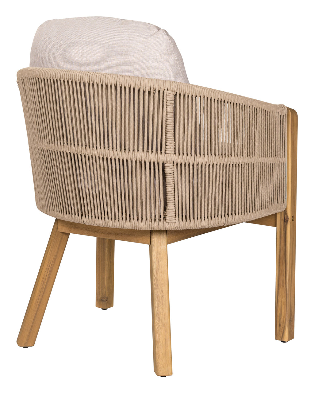 Beige wicker armchair with wooden legs on a white background