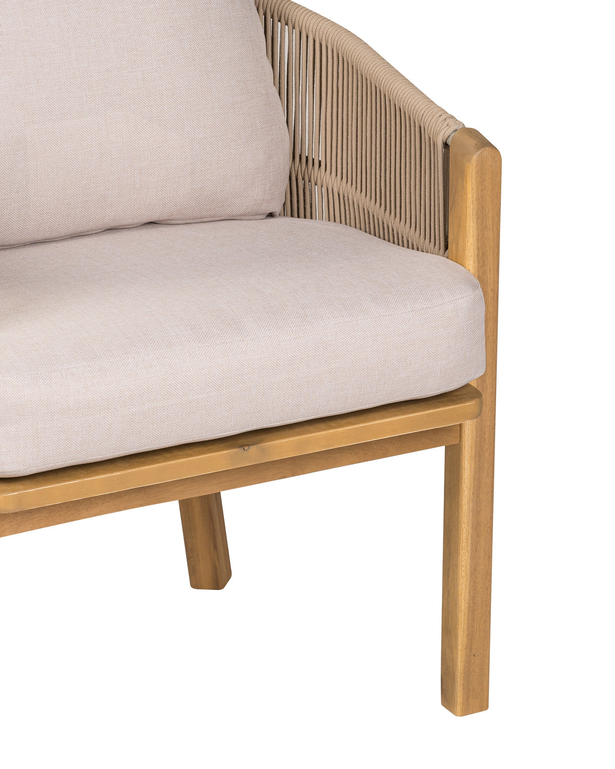 Corner of a wooden outdoor sofa with beige cushions on a white background