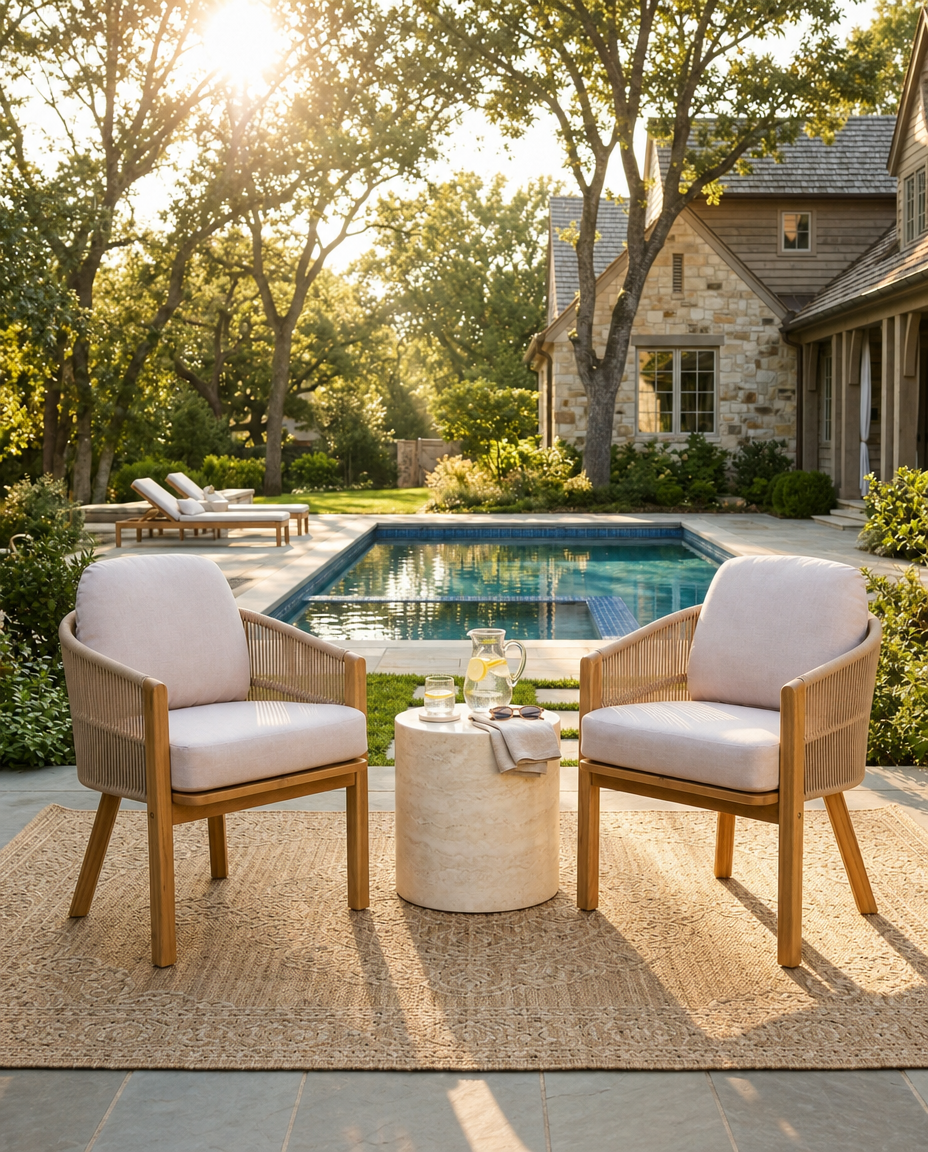 Two light beige outdoor armchairs with woven wood frames are arranged on a natural jute rug beside a small round stone side table, set in a luxurious backyard with a swimming pool, trees, and a stone house in the background.