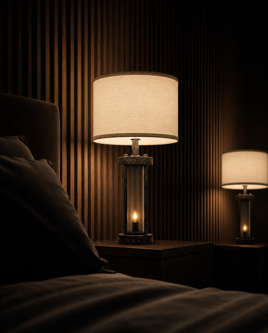A warm, atmospheric bedroom scene featuring two table lamps with drum shades and textured bases, placed on bedside tables next to a bed with dark bedding.