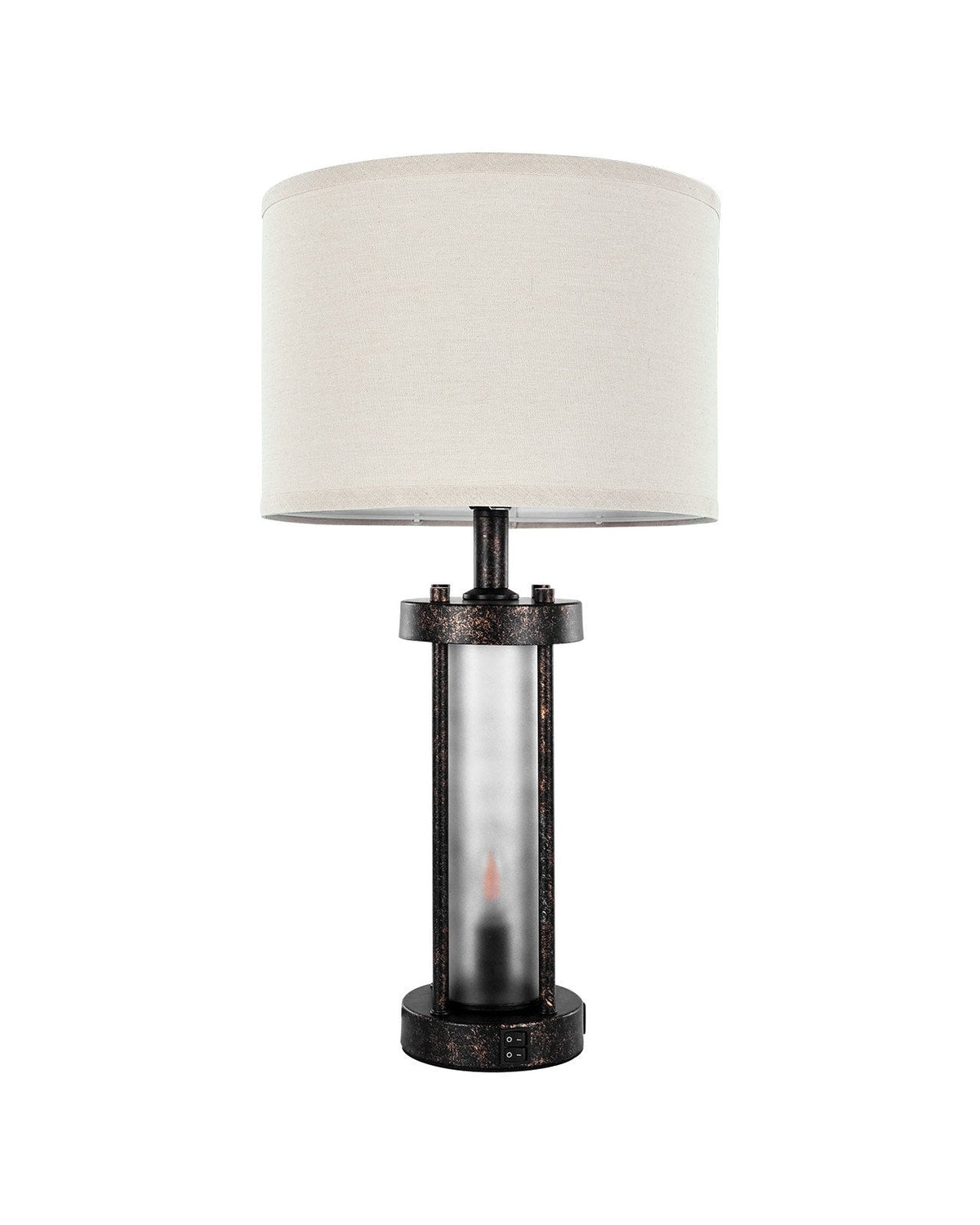 Table lamp with a white shade and metallic base on a white background
