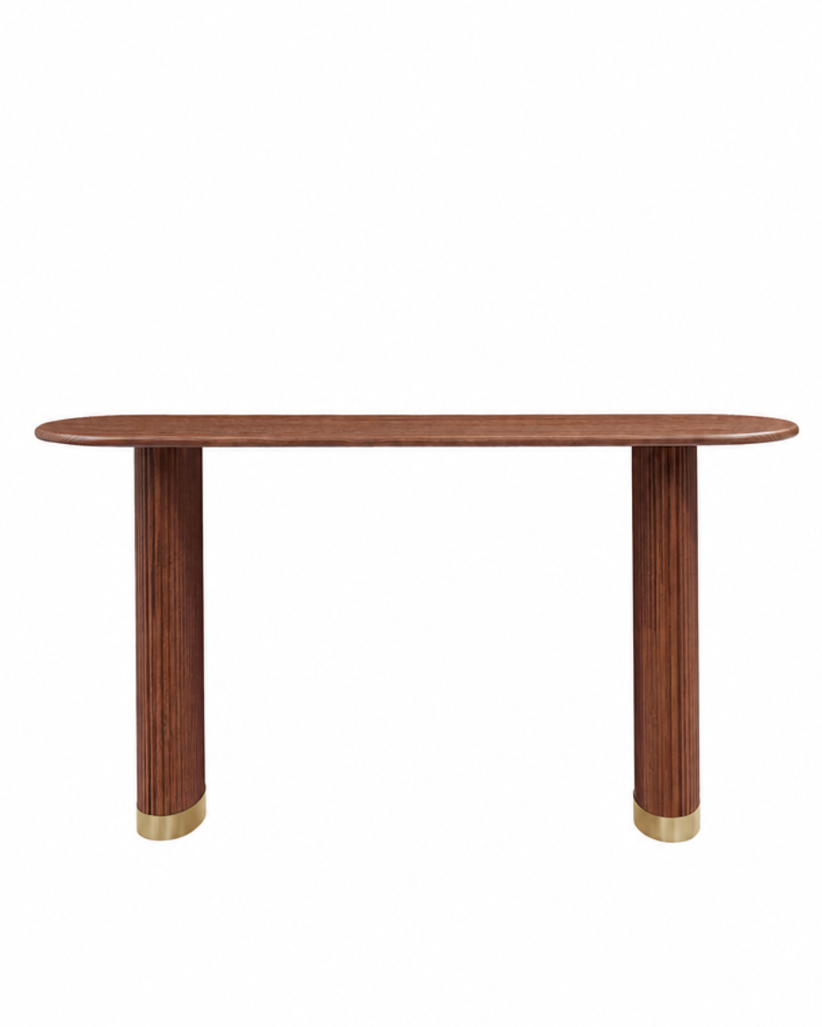 A modern console table with a rounded rectangular wood top and two fluted pedestal legs with gold-toned metal caps, shown against a plain white background.