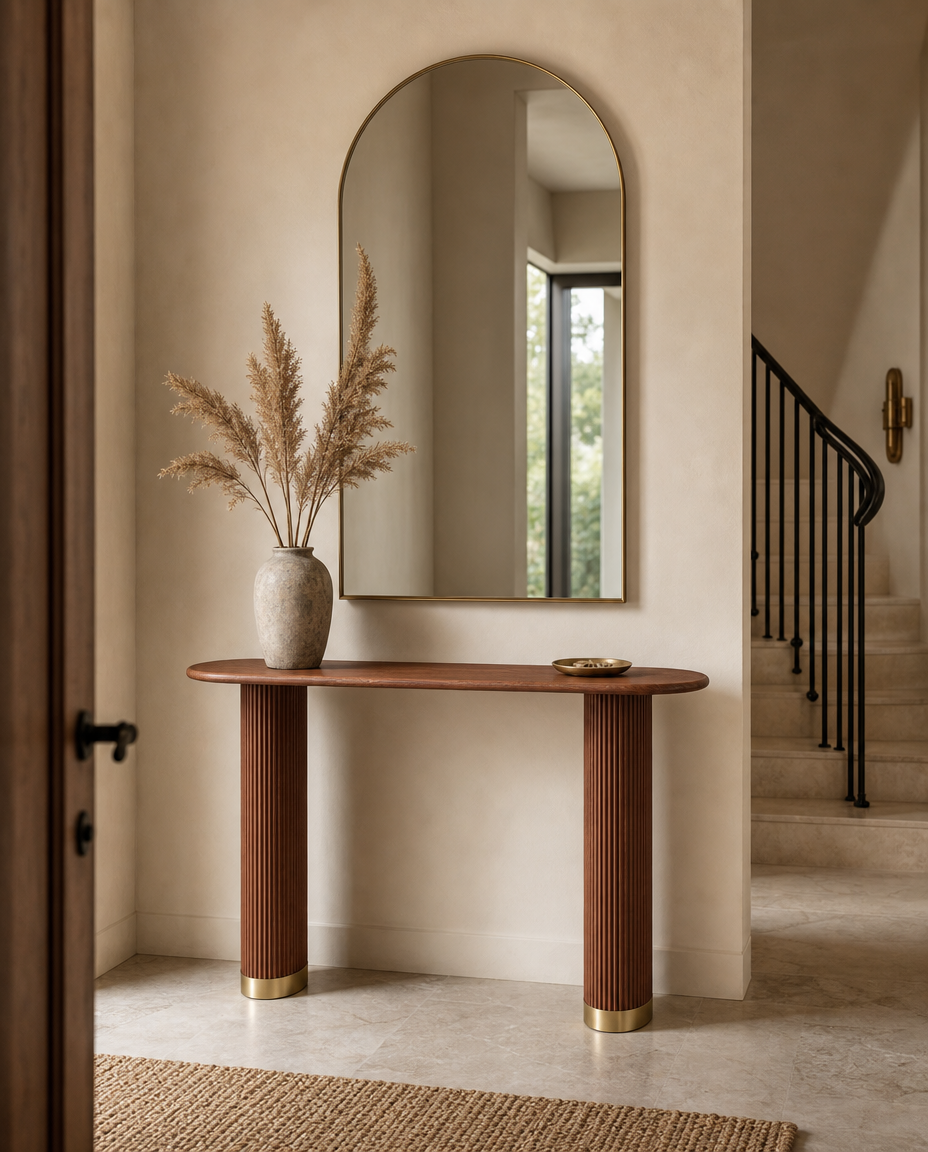 A modern console table with fluted brown columns and gold-toned metal bases, styled in a warm beige entryway with a large arched mirror, a ceramic vase with dried grass, and a staircase in the background.