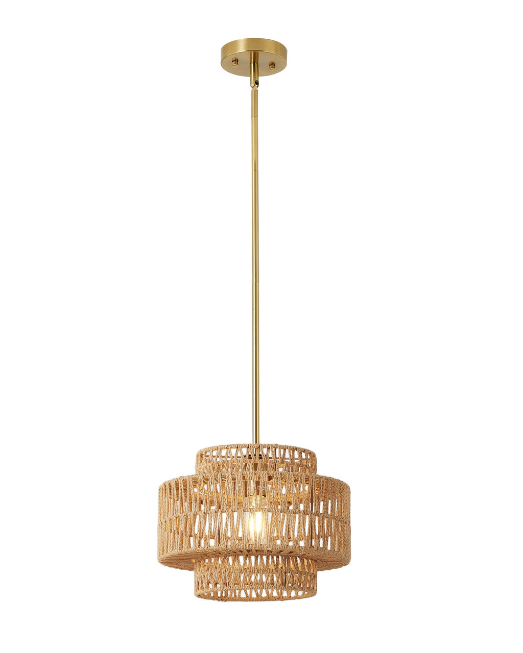 A modern pendant light fixture with a brushed gold metal canopy and rod, paired with two stacked cylindrical woven rattan shades, shown against a plain white background.