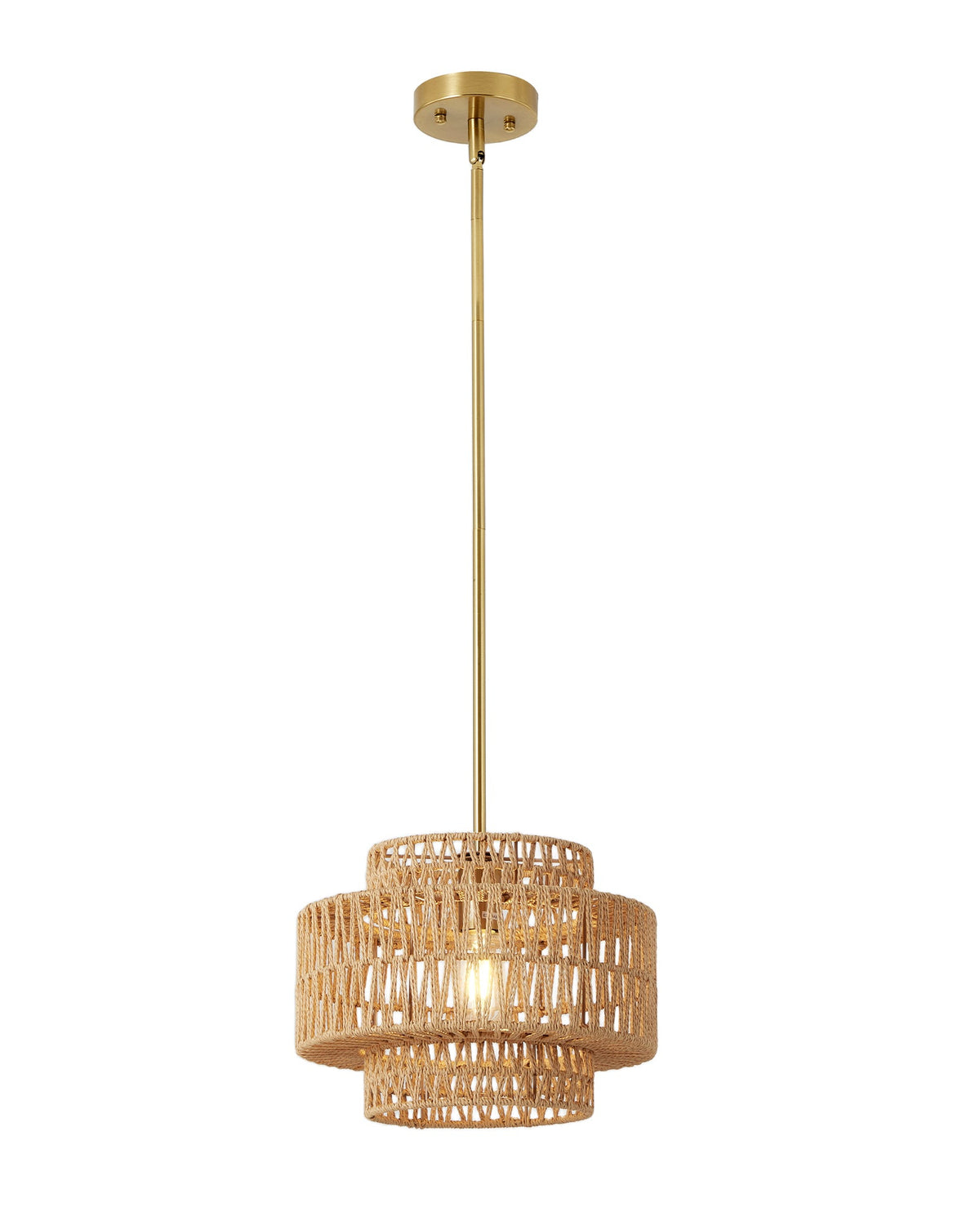 A modern pendant light fixture with a brushed gold metal canopy and rod, paired with two stacked cylindrical woven rattan shades, shown against a plain white background.