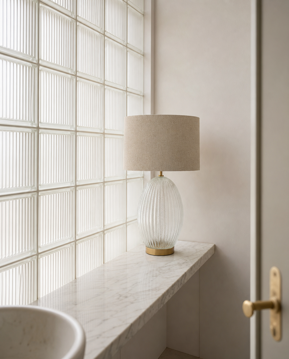 A modern table lamp with a ribbed clear glass base and a beige fabric drum shade, sitting on a marble ledge next to a glass block wall.