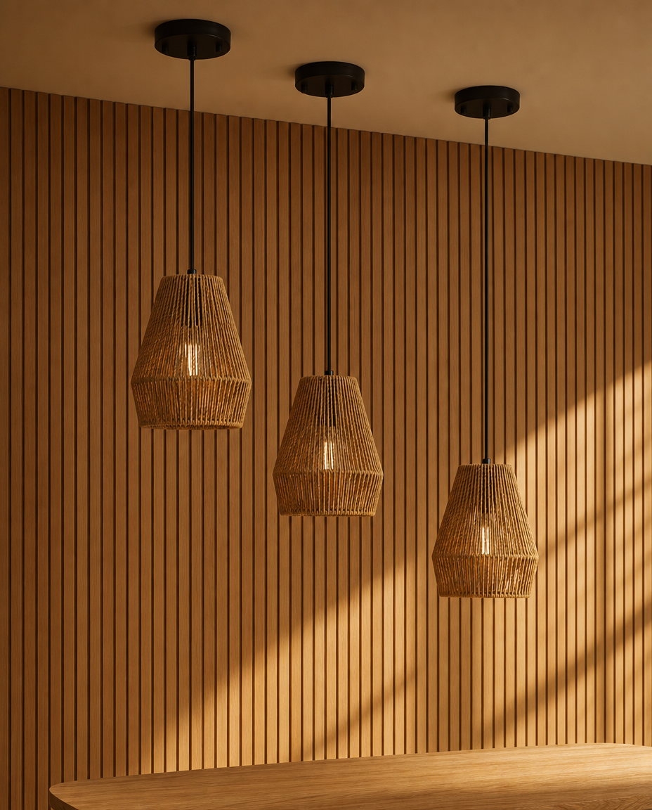 Three woven pendant light shades with black hanging rods and circular ceiling mounts, shown in a warm interior setting against a wood slat wall with sunlight casting shadows.