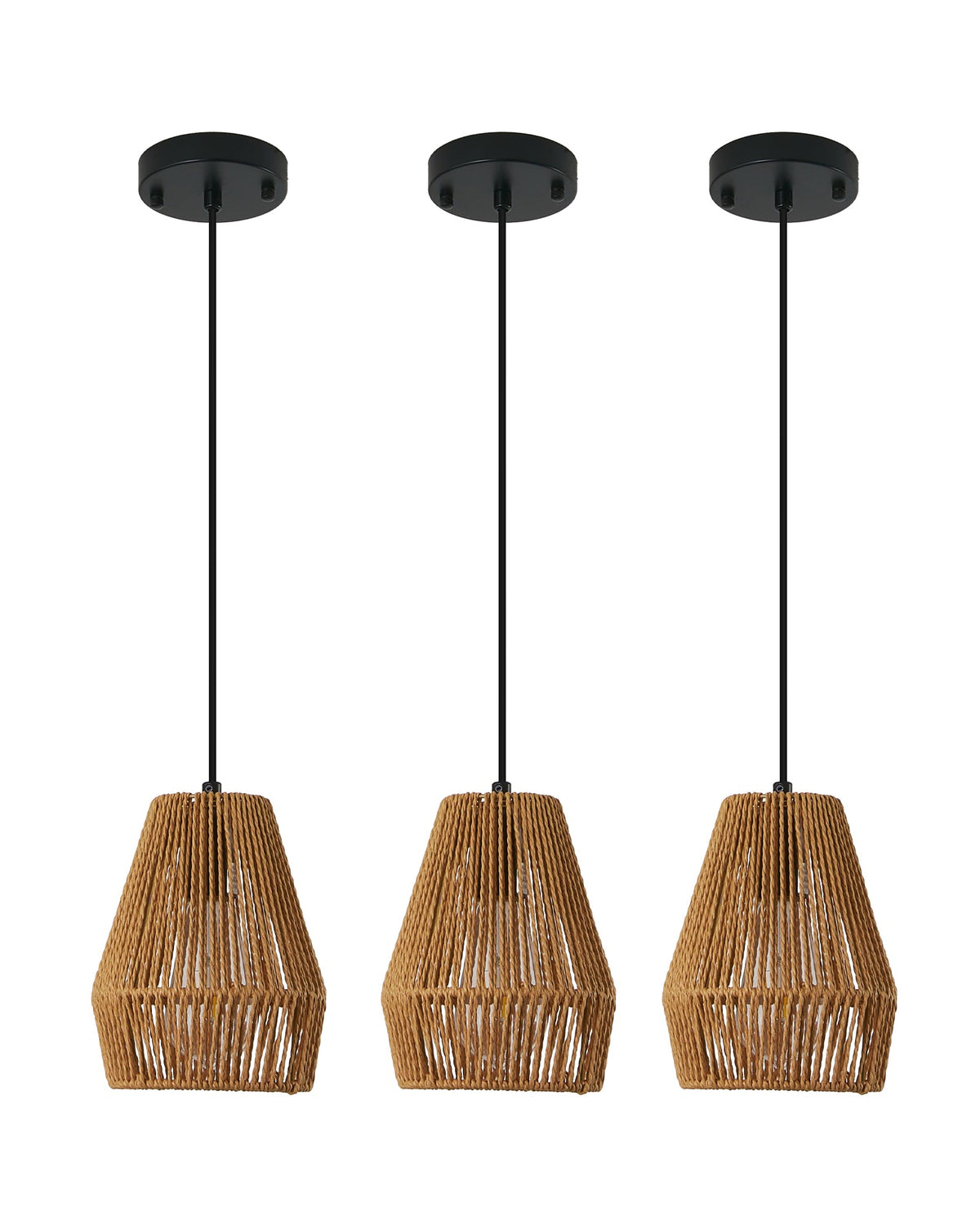 Three pendant lights with wicker shades on a white background
