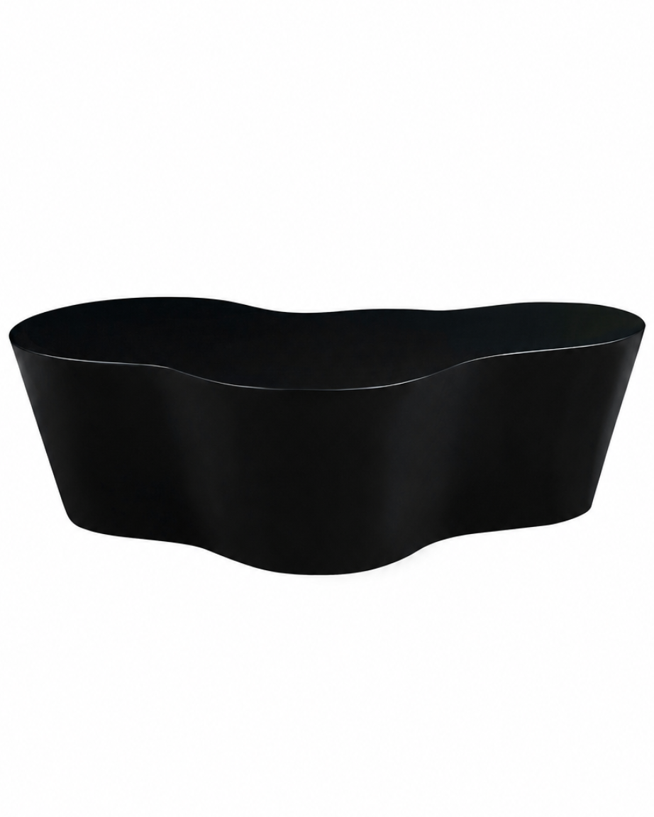 A black, organic-shaped bathtub with a smooth matte finish, shown against a plain white background.