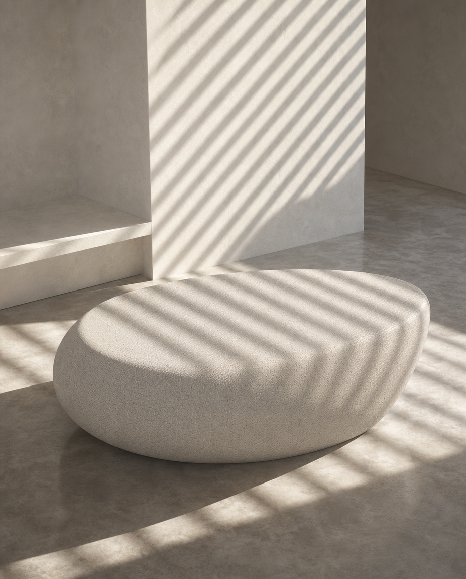 A modern, organic-shaped low stool in a textured light beige stone or concrete finish, styled in a minimalist concrete room with dramatic diagonal window shadow patterns cast across the floor and walls.