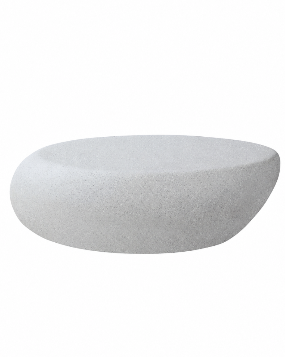 A modern, low-profile oval ottoman or coffee table upholstered in a light gray textured fabric, shown against a plain white background.