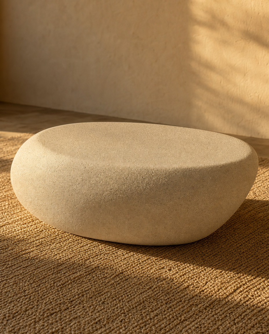 A round, low-profile stone ottoman in a warm beige or sand color, placed on a textured jute rug with a matching textured wall in the background under warm, directional sunlight.
