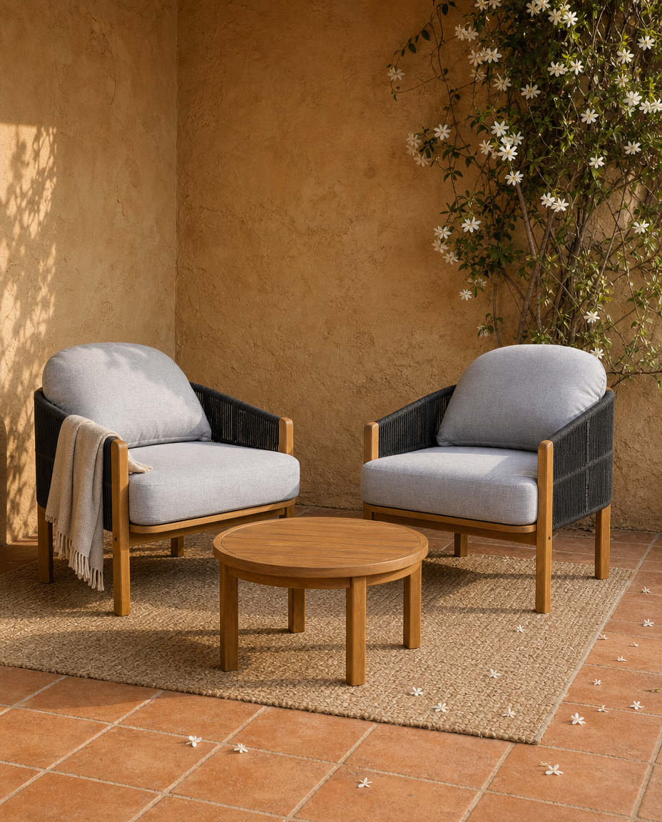 Two outdoor armchairs with light gray cushions and dark woven frames, arranged around a round wooden coffee table on a jute rug in a terracotta patio setting with a textured stucco wall and climbing white flowers.