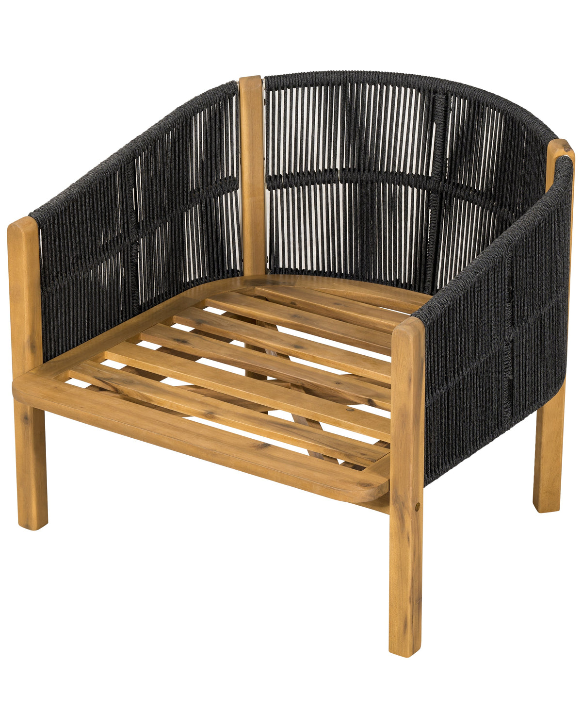 A modern outdoor armchair featuring a natural teak wood frame and a black woven rope seat, backrest, and armrests, shown on a solid white background.