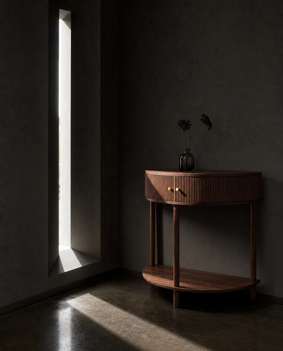 A dark wood console table with a ribbed drawer front and curved lower shelf, styled in a moody room corner with a tall window opening and dramatic sunlight on the floor.