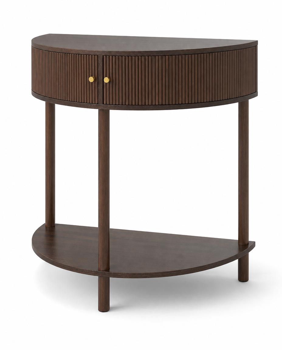 A modern semi-circular wooden console table with a ribbed drawer front, two brass knobs, and a lower shelf, shown on a white background.