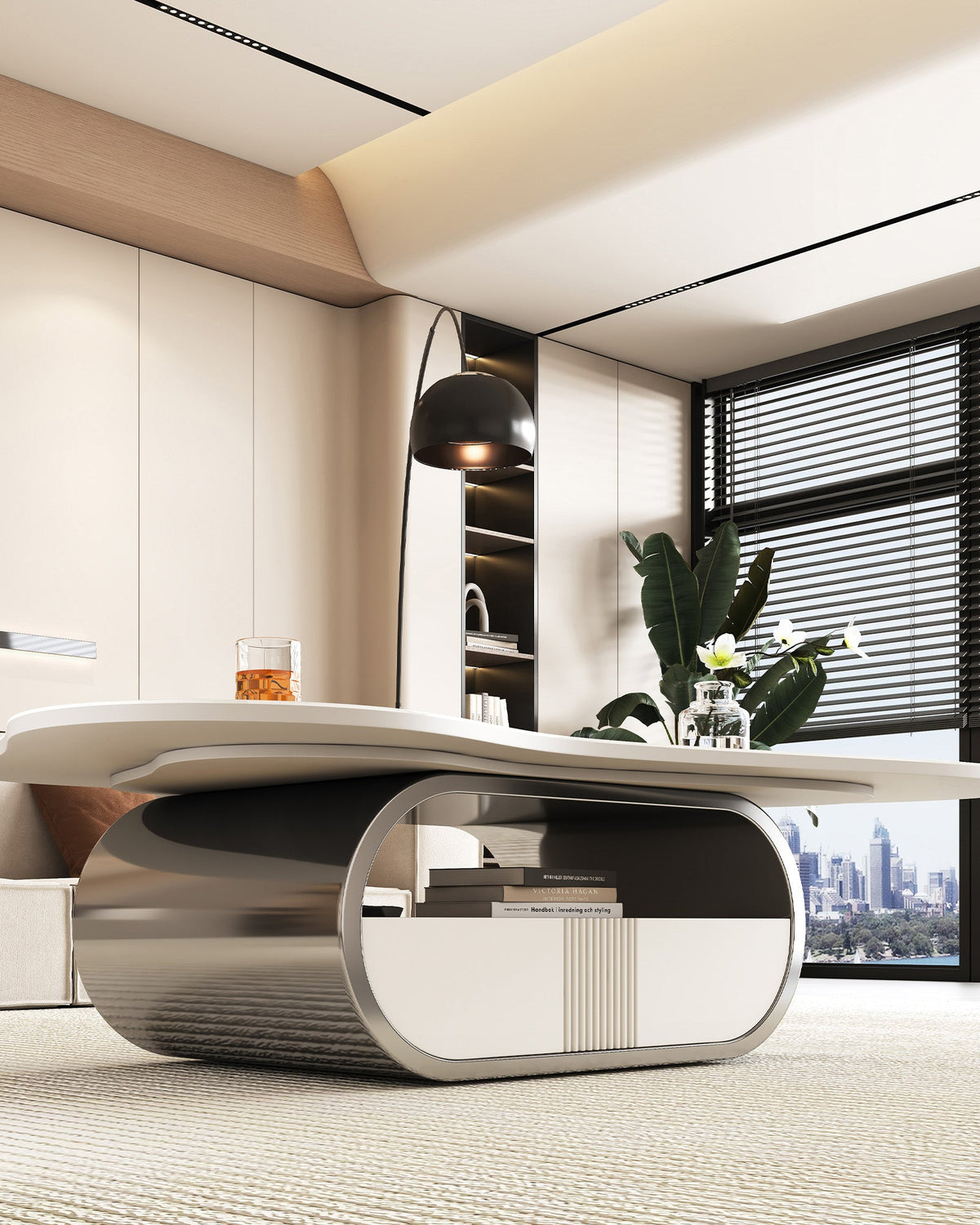 Modern office desk with a cityscape view in a bright room
