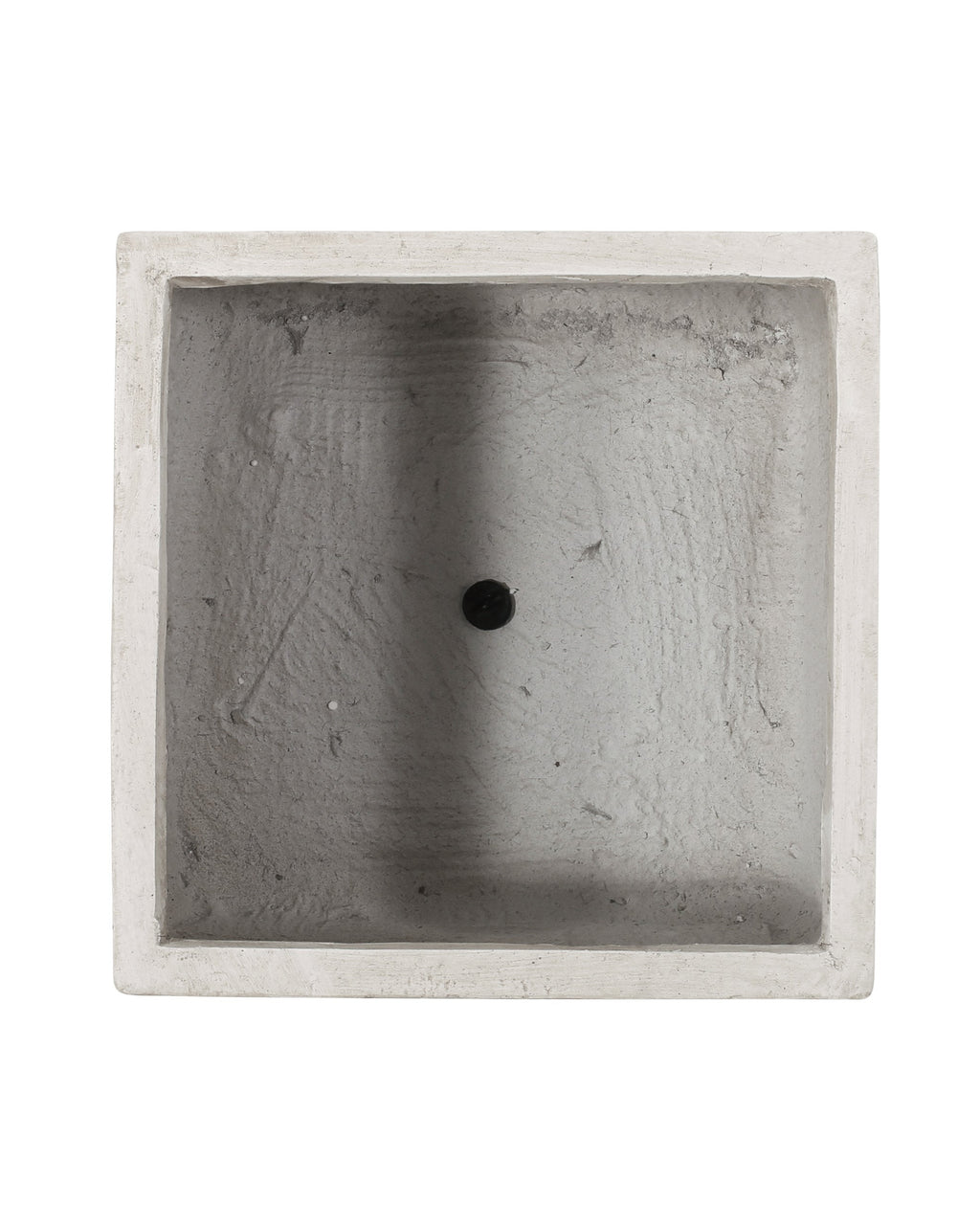 A square concrete planter or basin with a textured gray interior and a small central drain hole, shown from a top-down view on a white background.