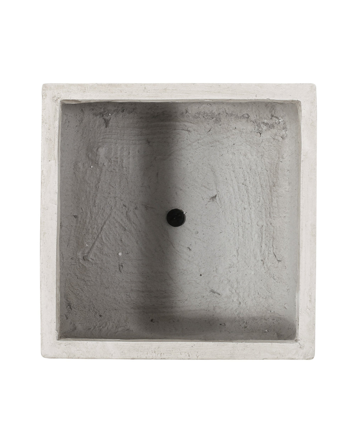 A square concrete planter or basin with a textured gray interior and a small central drain hole, shown from a top-down view on a white background.