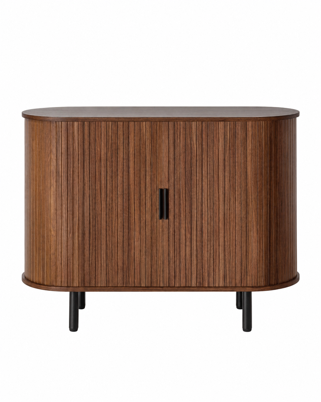 A mid-century modern sideboard cabinet with a curved front, vertical fluted wood grain, a slim black handle, and tapered black legs, shown on a plain white background.