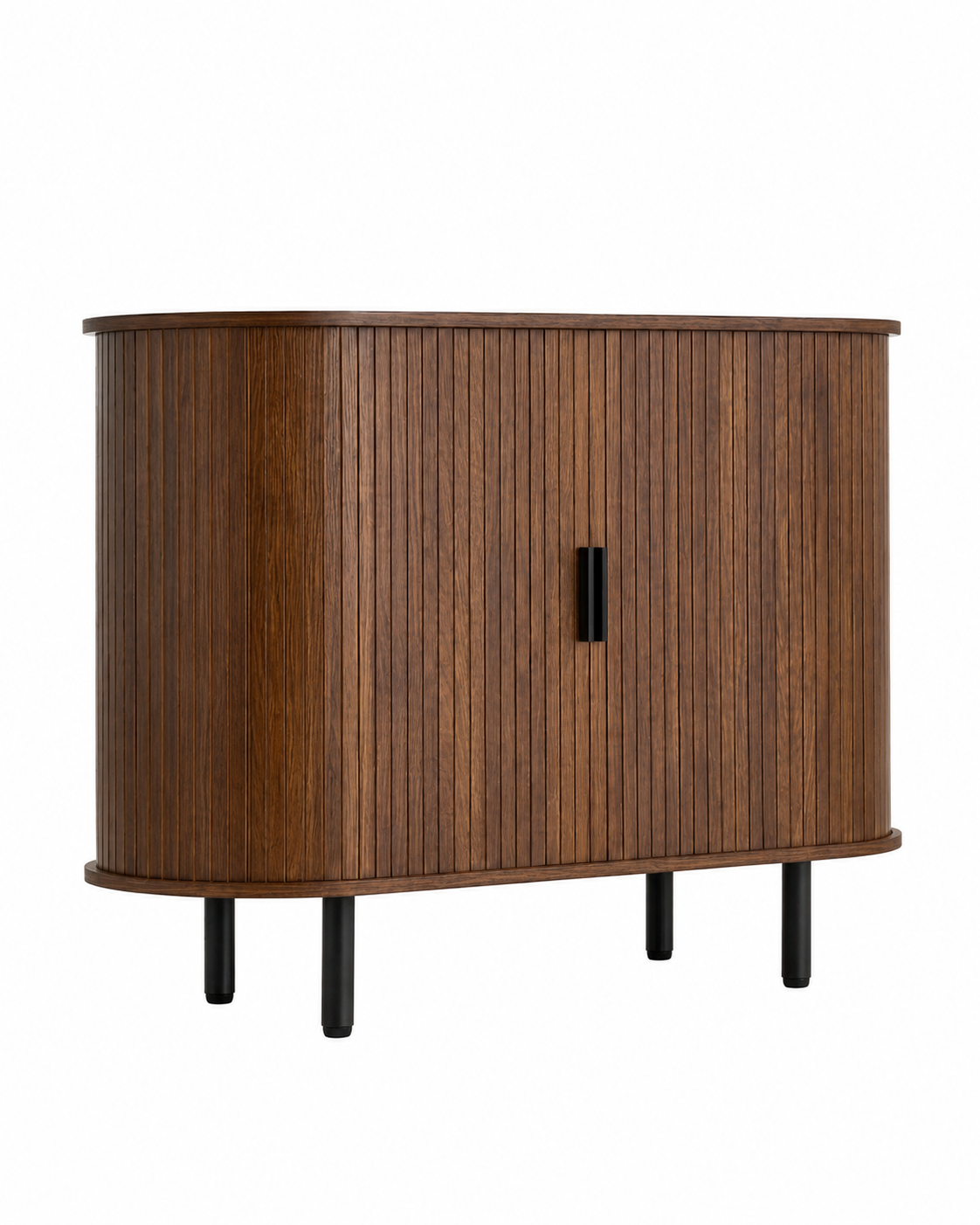 A mid-century modern wooden sideboard cabinet with vertical fluted wood panels, a small black rectangular handle, and four tapered black legs, shown on a plain white background.