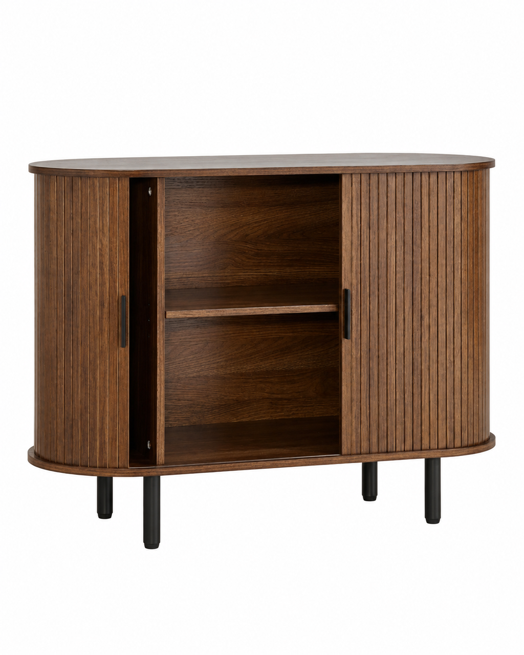 A mid-century modern sideboard cabinet with a curved oval silhouette, featuring fluted wood doors, a central open shelf, and slim black legs, shown against a plain white background.