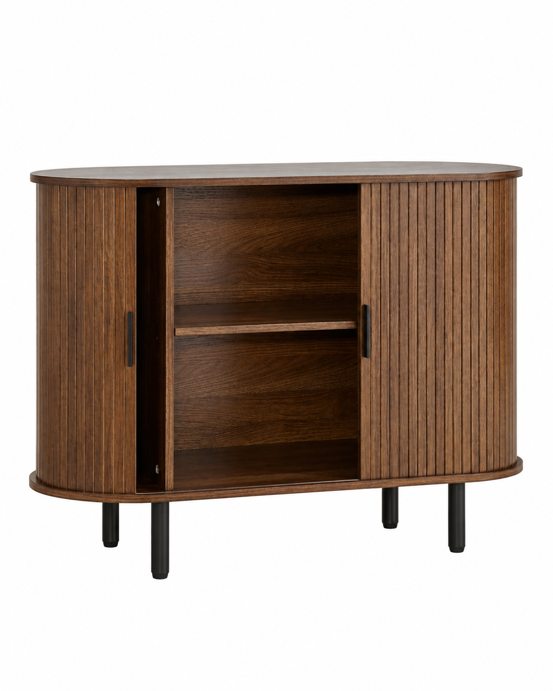 A mid-century modern sideboard cabinet with a curved oval silhouette, featuring fluted wood doors, a central open shelf, and slim black legs, shown against a plain white background.