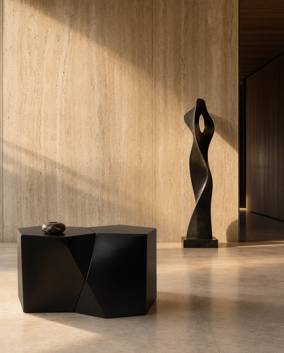 A modern black geometric side table with a small stone on top, set in a minimalist interior with a warm beige stone wall and floor, next to a tall abstract black sculpture.