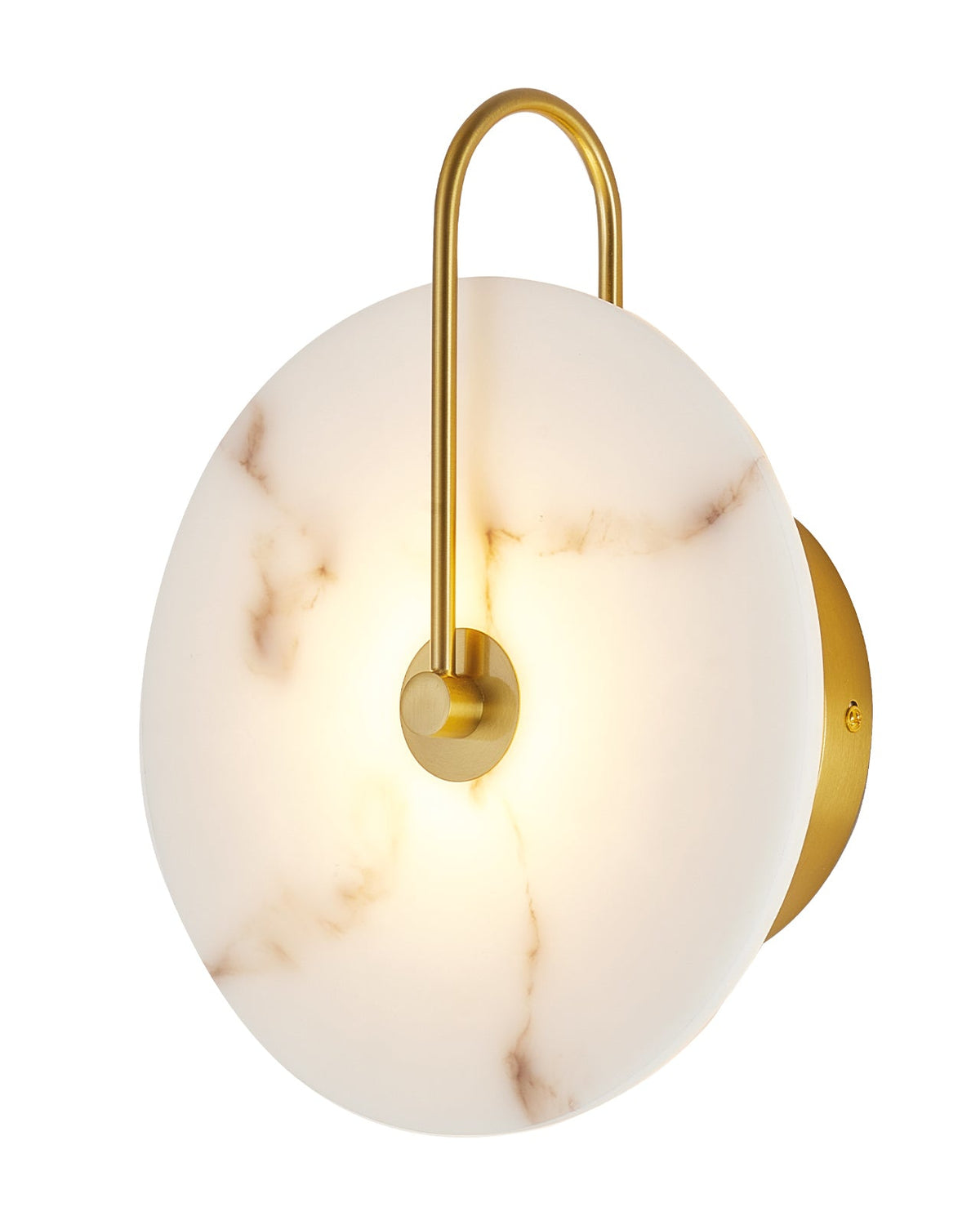A modern wall sconce with a round white marble-look glass shade, a curved gold metal arm, and a circular gold wall mount, shown against a plain white background.