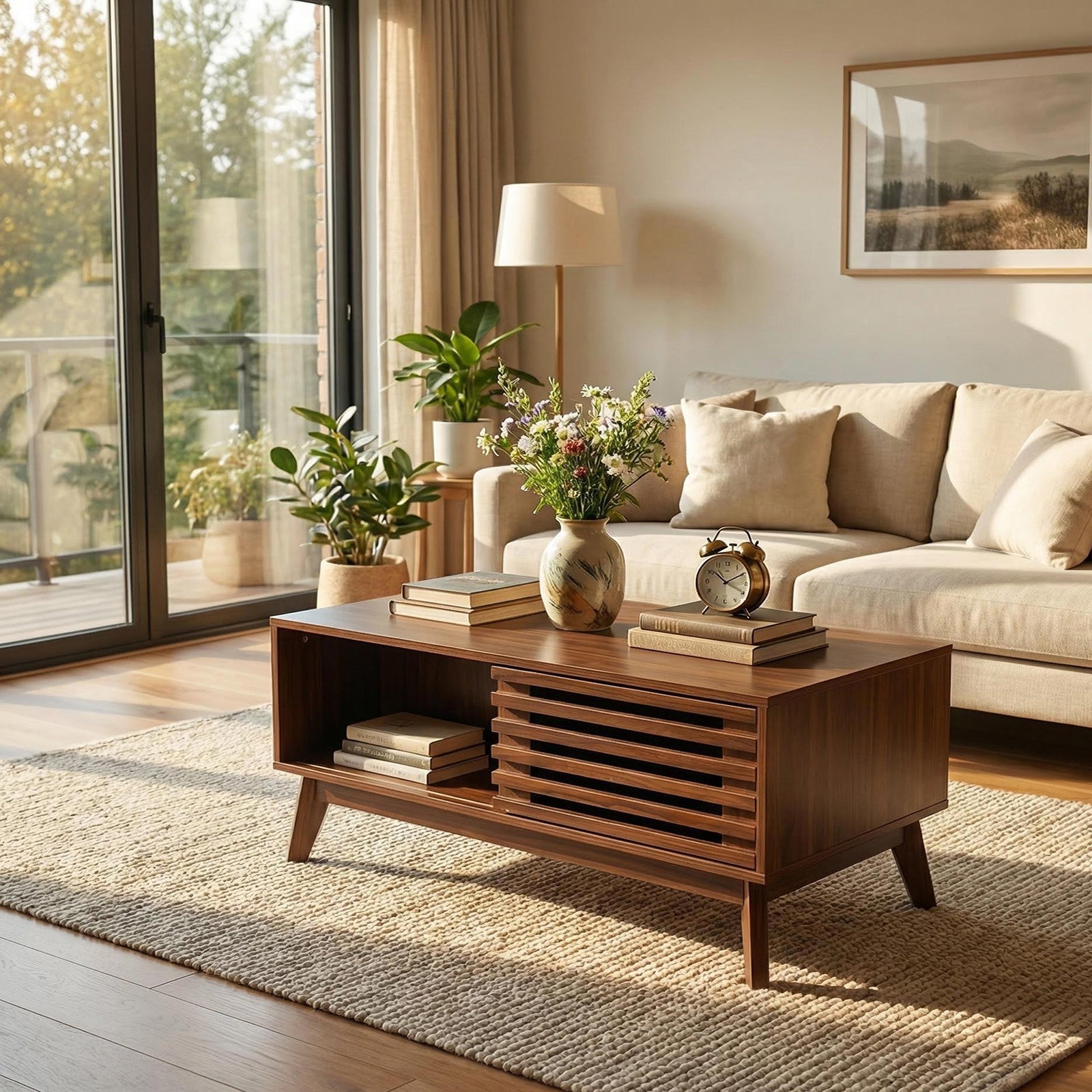 35" Mid-Century Lift-Top Coffee Table with Sliding Door Storage