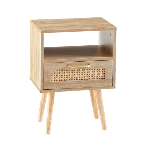 15.75" Rattan Nightstand with Drawer & Solid Wood Legs