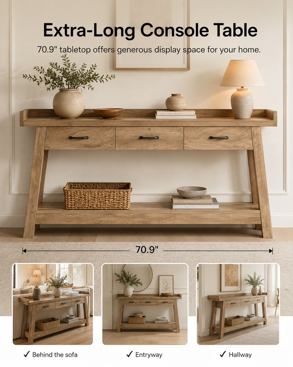 70.9" Farmhouse Console Table with 3 Drawers