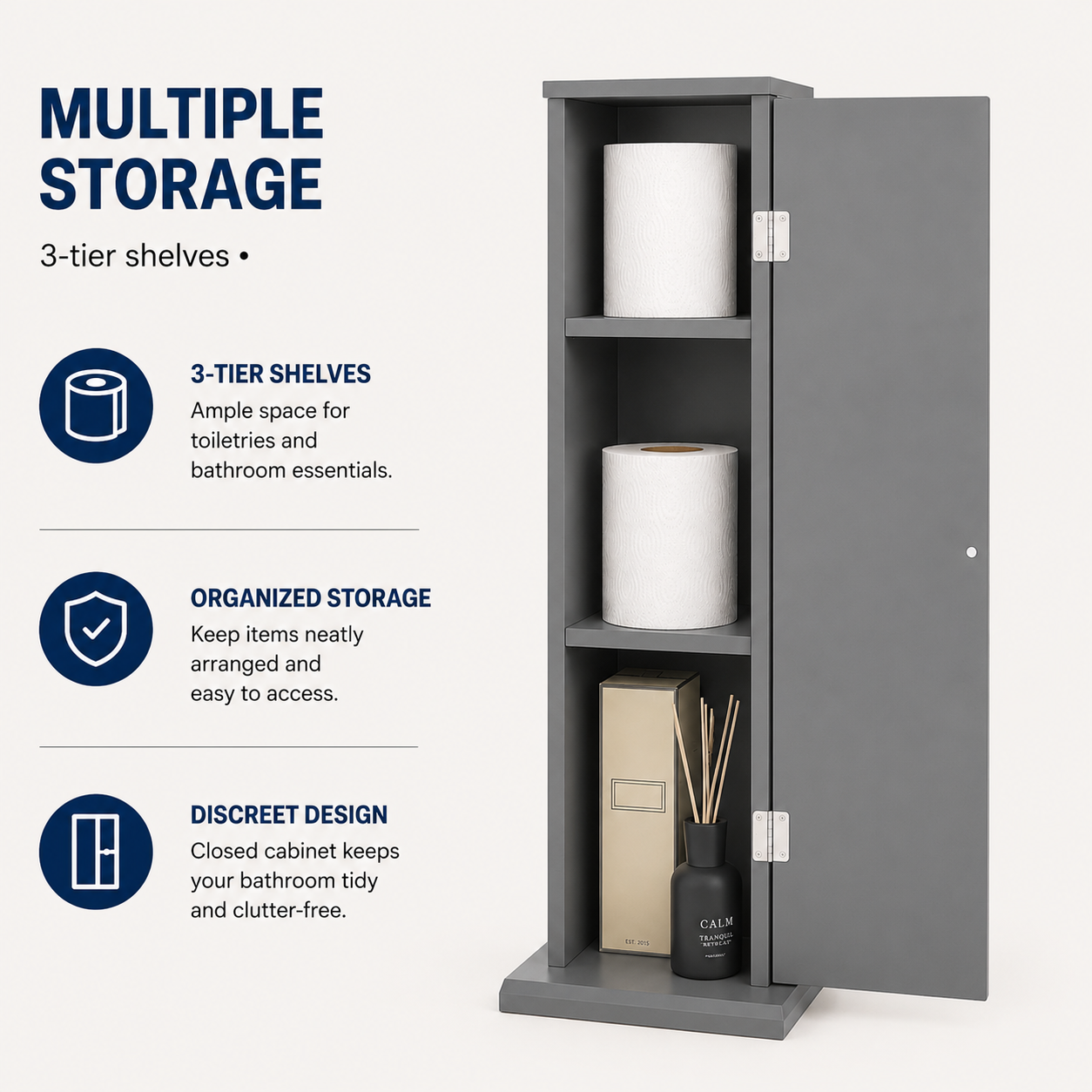Slim 3-Tier Bathroom Storage Tower - Slate Grey