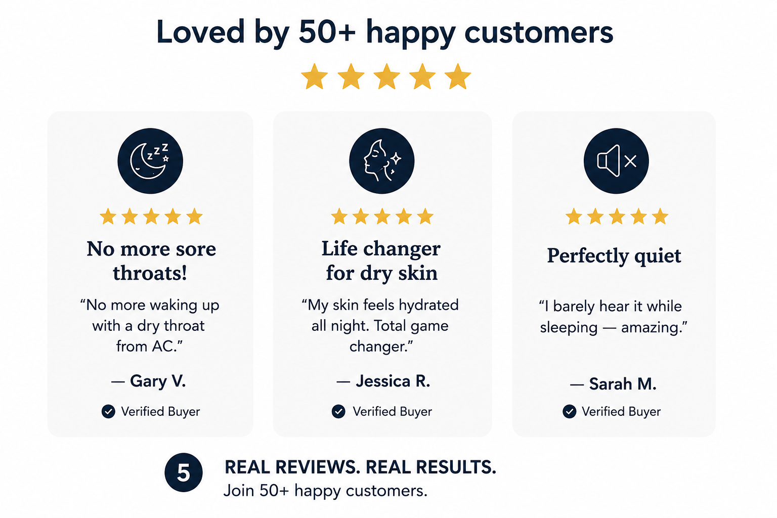 Product reviews with star ratings and customer testimonials on a white background