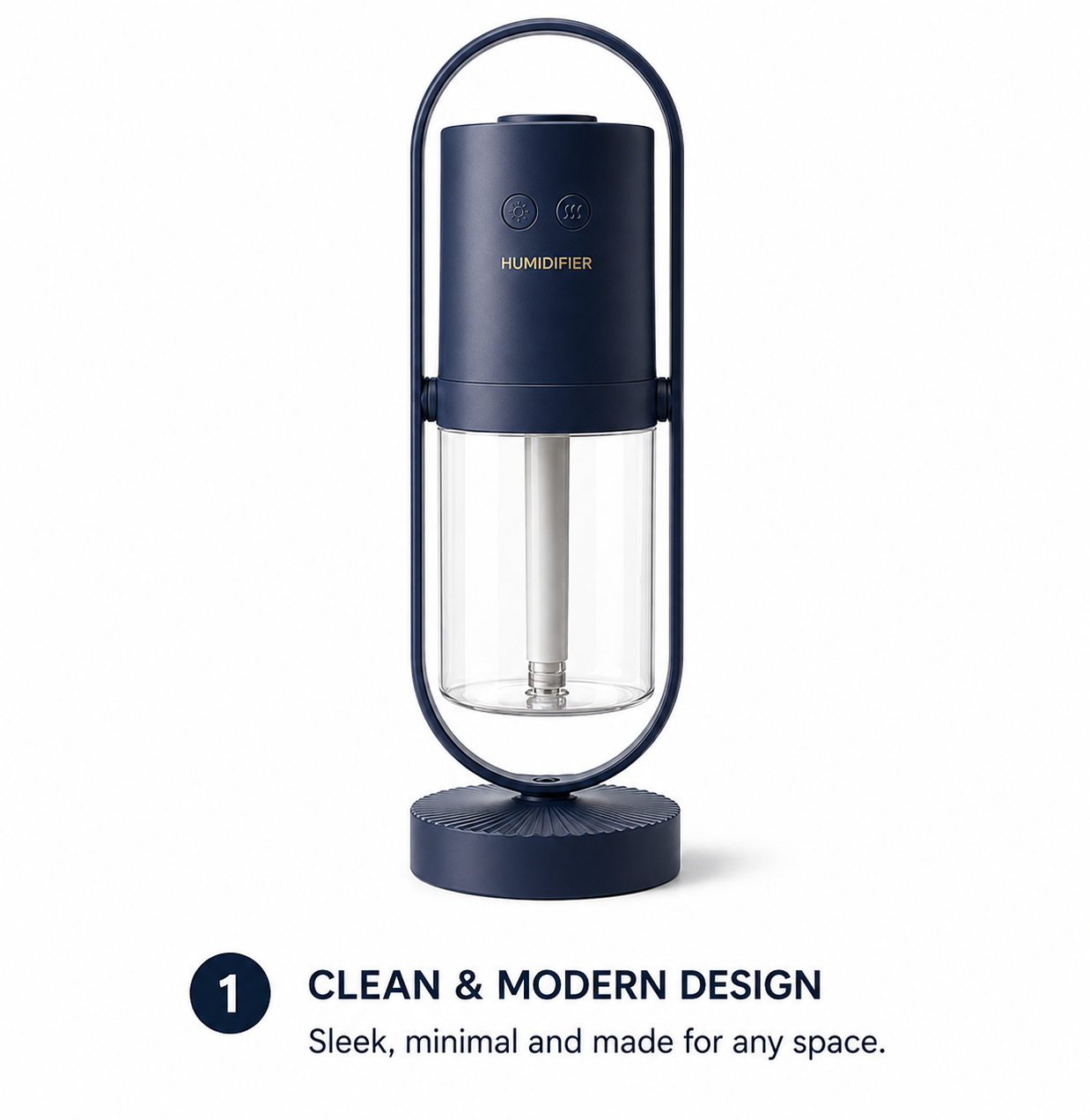 Navy blue humidifier with clear water tank on a white background