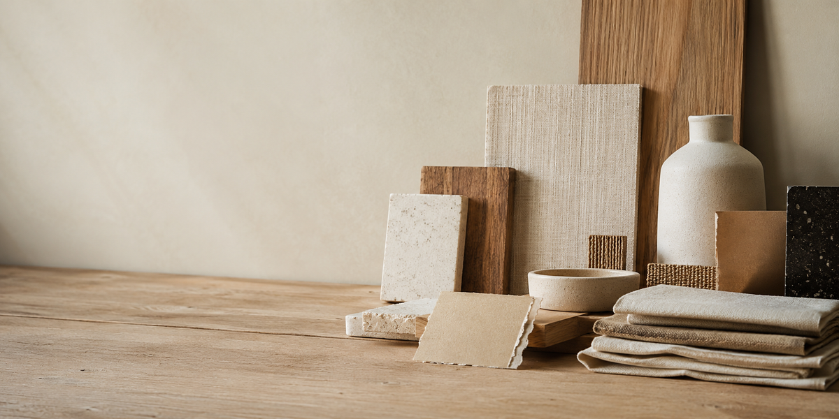 A styled collection of neutral-toned home decor and materials arranged on a wooden tabletop against a beige wall, including stacked fabric cloths, a ceramic vase, stone and wood boards, and a small bowl.
