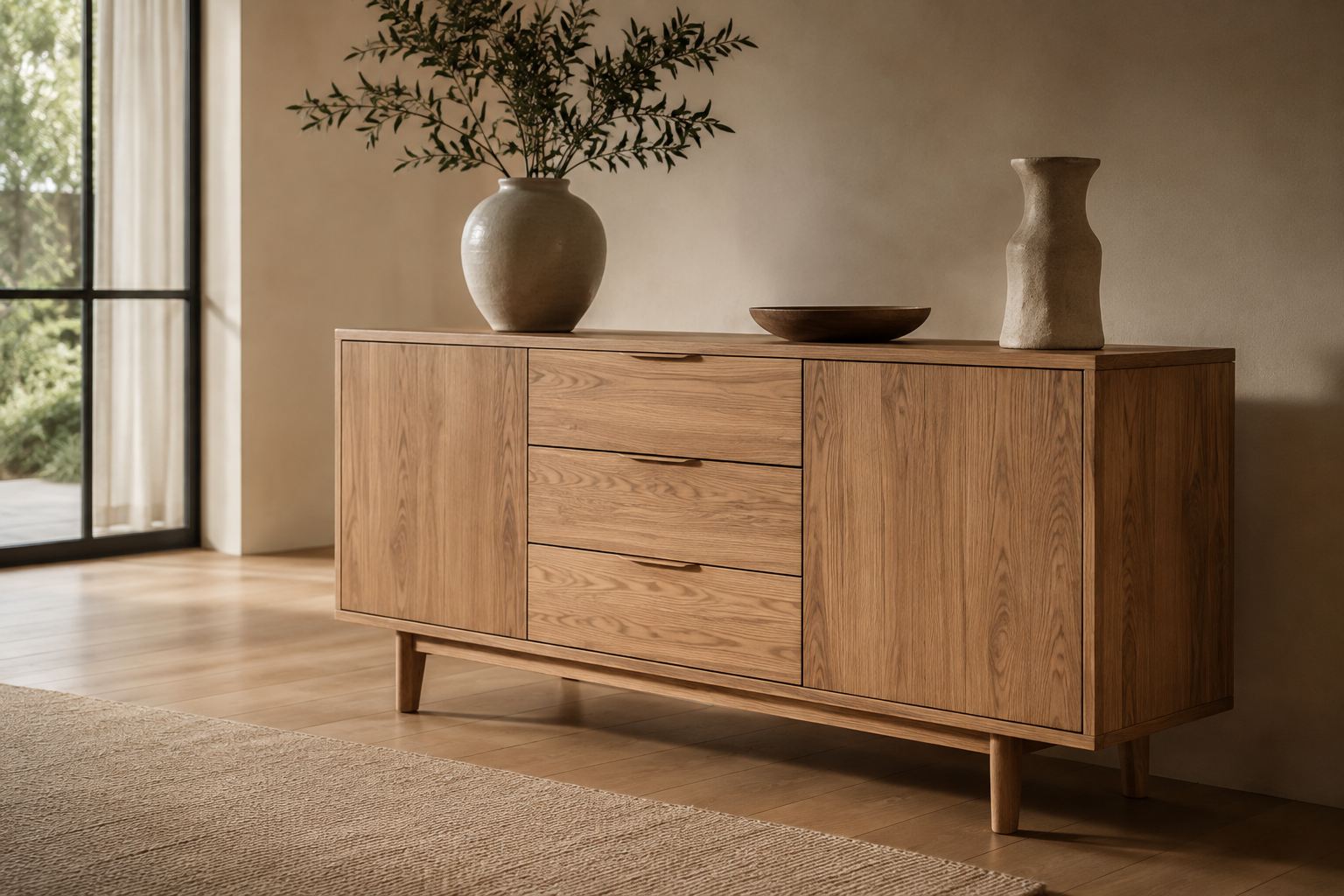 A mid-century modern wooden sideboard cabinet with three drawers and two cabinet doors, styled in a warm, minimalist room with a vase of greenery and a bowl on top.