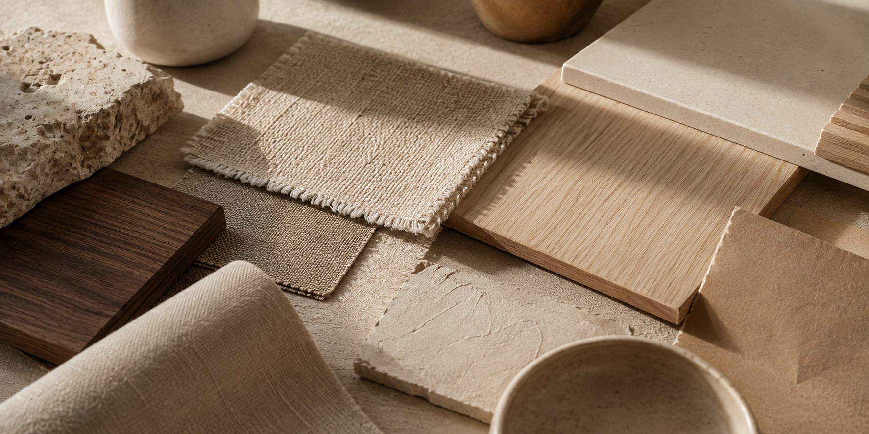 A styled flat-lay arrangement of natural fiber and wood material swatches, including woven beige fabric, textured stone, light oak wood, and dark walnut wood pieces, with ceramic vessels in the background.